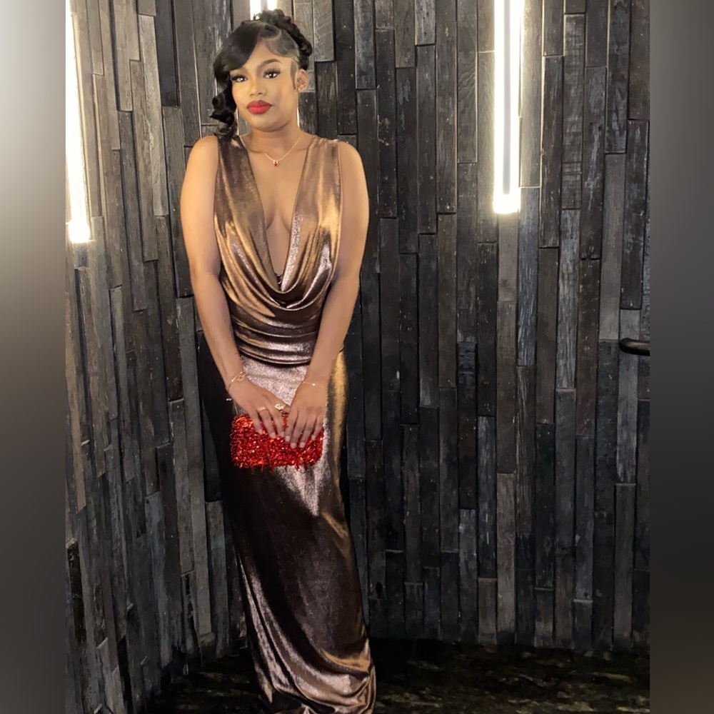 Metallic gold highlight cow neck maxi dress